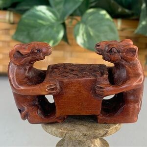 Vintage Hand Carved Rats At A Table Boxwood Netsuke Animal Figurine Wood Carving